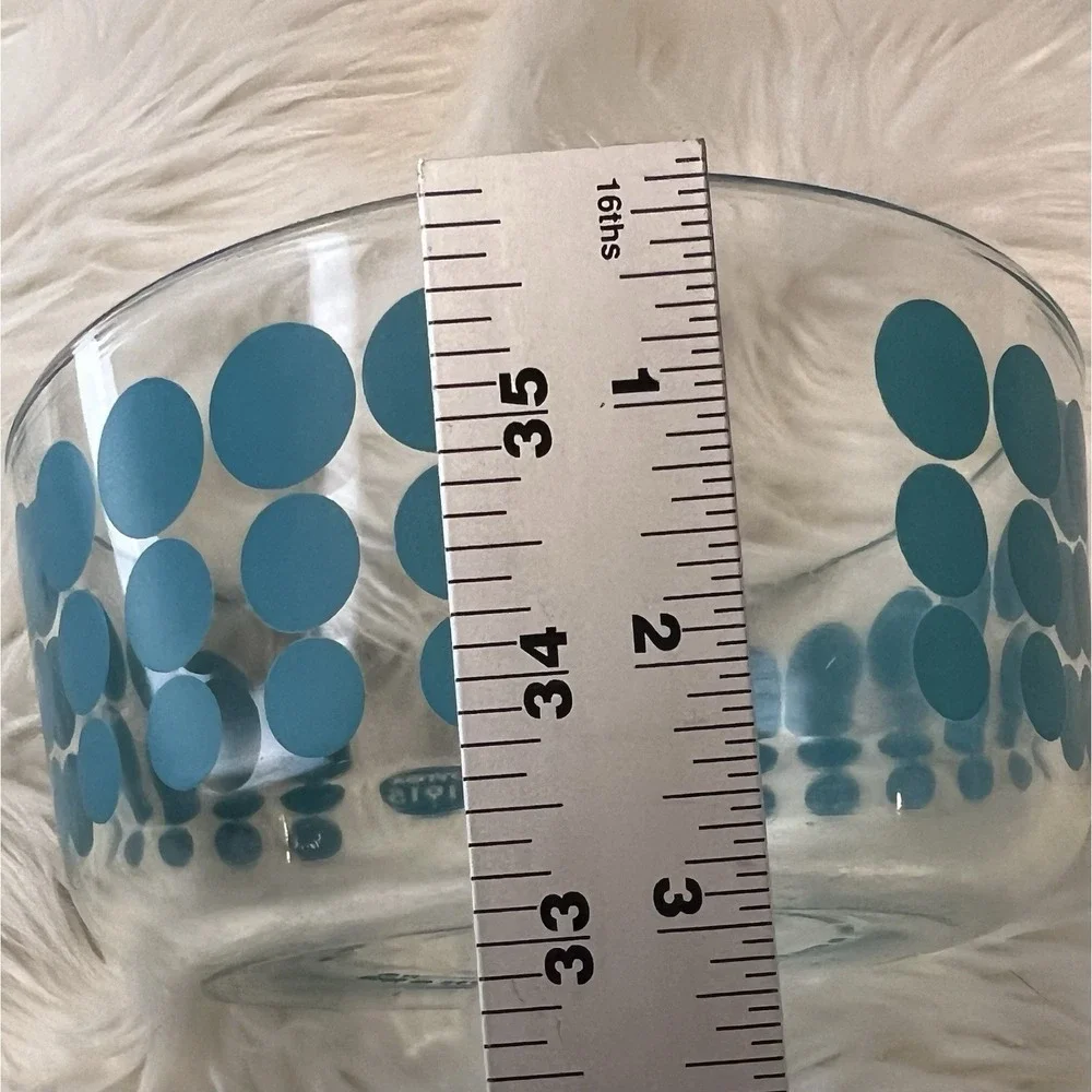 Pyrex 4 Cup Glass Storage Bowl Teal Blue Polka Dot Dotty Clear Round Made in USA